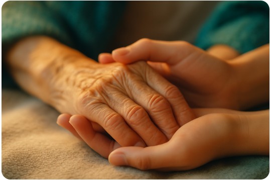 Manos de una persona mayor sostenidas por manos más jóvenes, símbolo de cuidado y acompañamiento